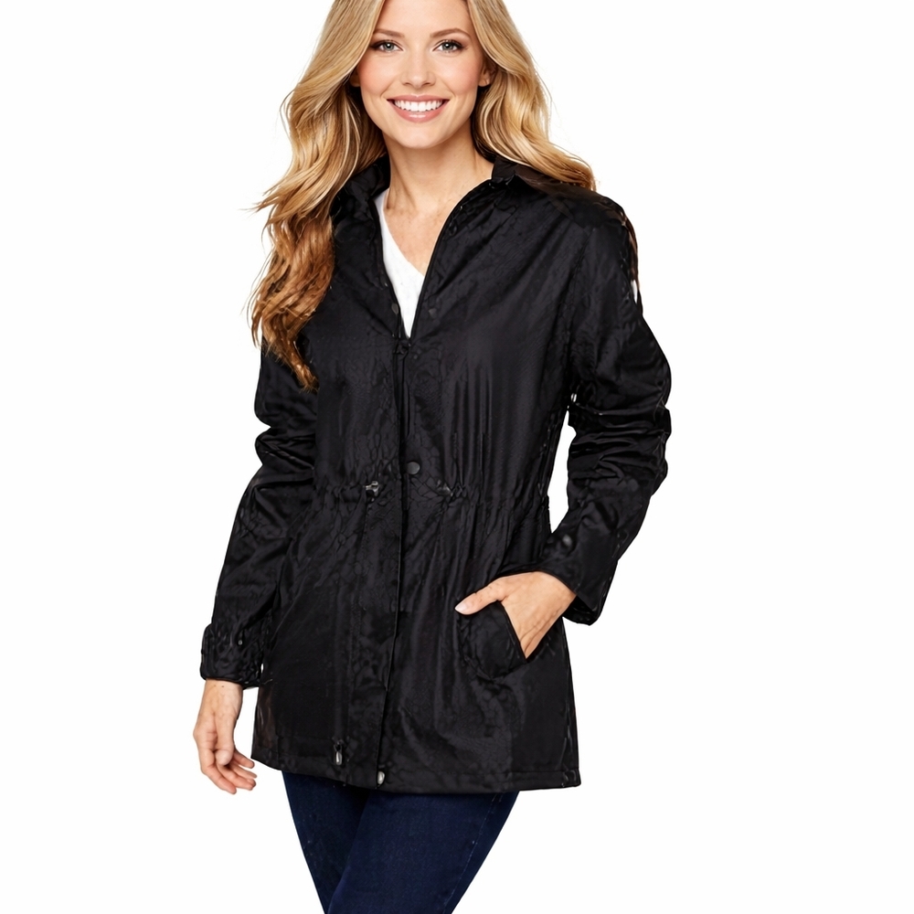 Capelli of NY Solid Cinched Waist Rain Slicker Jacket – Black – Size Large